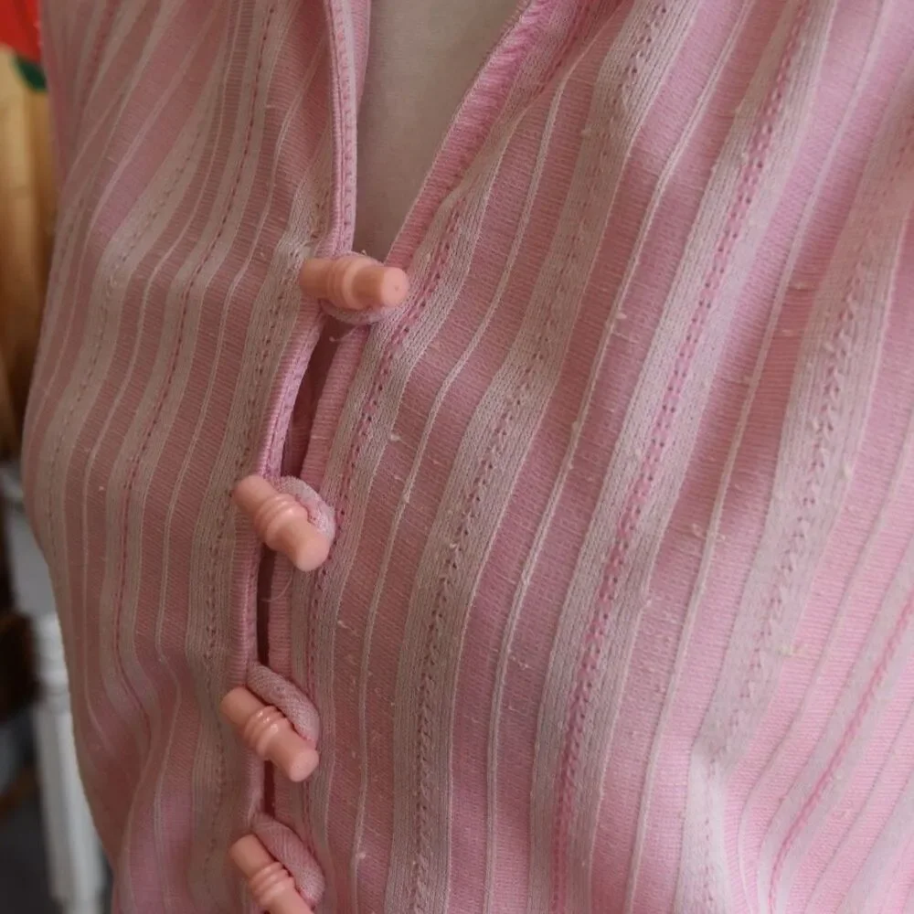 Vintage 60s Pink Stripe 2pc Skirt Set Cotton Summer Drawstring Medium